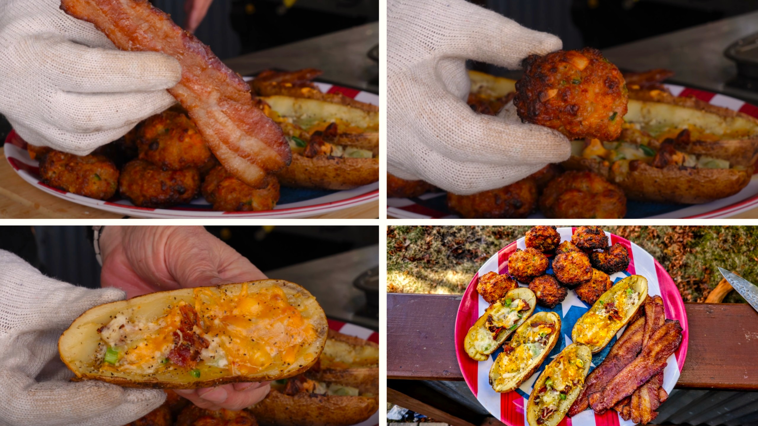 A selection of grilled Super Bowl appetizers including candied bacon, sausage balls, and loaded potato skins